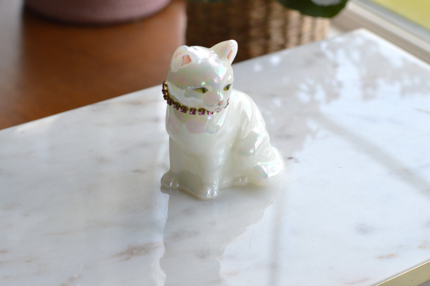 Signed Fenton Iridescent White Opal Satin Cat - Hand Painted by Terry Watson - Artist Signed Fenton Glass Kitty - Pink Rhinestone Collar - Vintage Art Glass