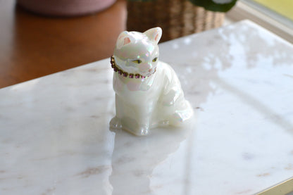Signed Fenton Iridescent White Opal Satin Cat - Hand Painted by Terry Watson - Artist Signed Fenton Glass Kitty - Pink Rhinestone Collar - Vintage Art Glass