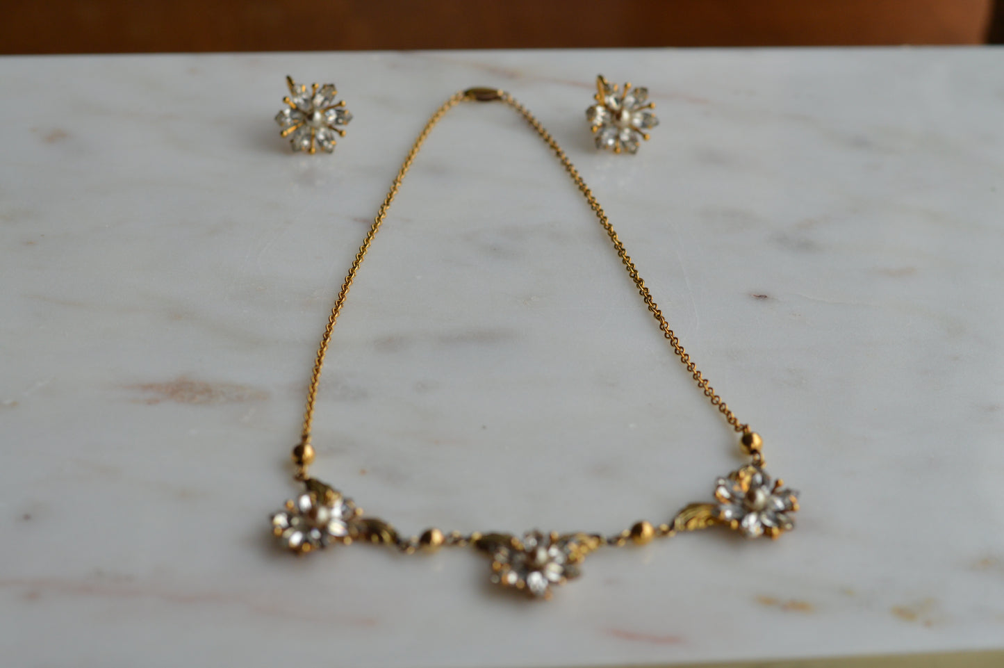 Vintage AMCO 10K Gold‑Filled Jewelry Set • Floral Rhinestone Necklace & Clip‑On Earrings • Sparkling Flower Set • 1960s–1970s GF Jewelry