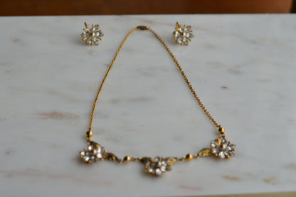 Vintage AMCO 10K Gold‑Filled Jewelry Set • Floral Rhinestone Necklace & Clip‑On Earrings • Sparkling Flower Set • 1960s–1970s GF Jewelry