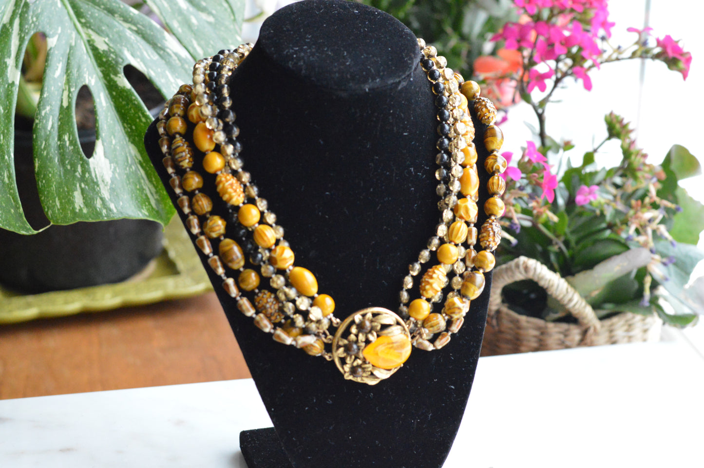 Signed Selini Vintage 6-Strand Statement Necklace - Mid Century Chunky Beaded Jewelry - Butterscotch & Amber Tones
