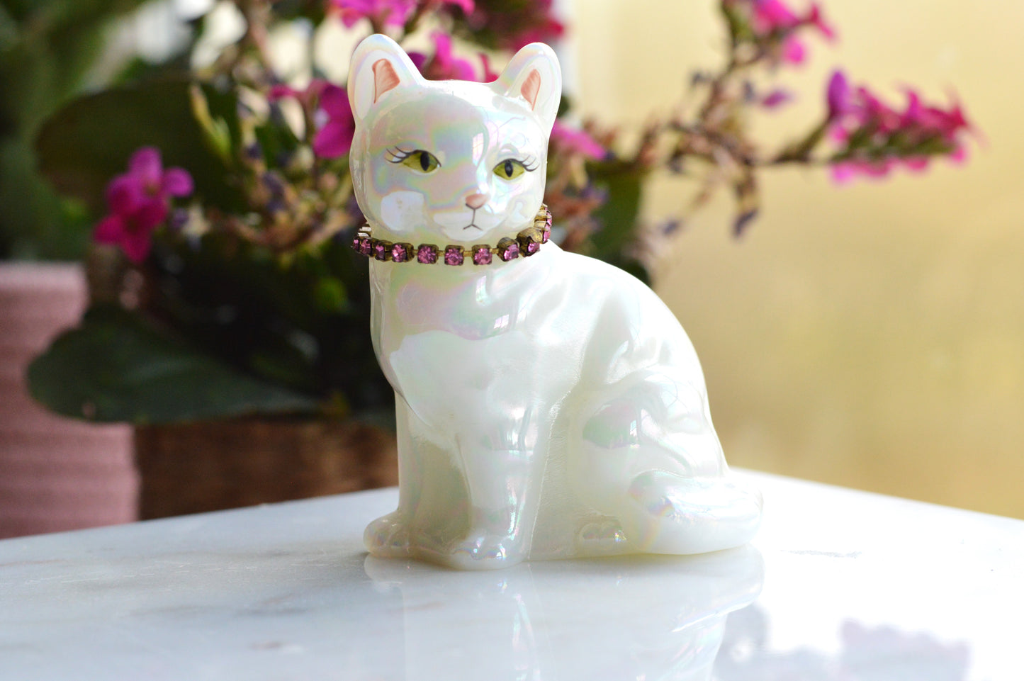 Signed Fenton Iridescent White Opal Satin Cat - Hand Painted by Terry Watson - Artist Signed Fenton Glass Kitty - Pink Rhinestone Collar - Vintage Art Glass