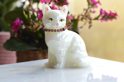 Signed Fenton Iridescent White Opal Satin Cat - Hand Painted by Terry Watson - Artist Signed Fenton Glass Kitty - Pink Rhinestone Collar - Vintage Art Glass