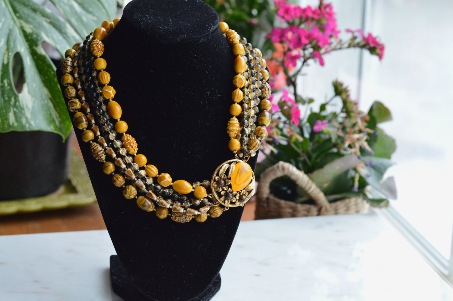 Signed Selini Vintage 6-Strand Statement Necklace - Mid Century Chunky Beaded Jewelry - Butterscotch & Amber Tones