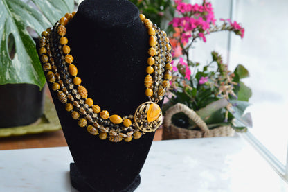 Signed Selini Vintage 6-Strand Statement Necklace - Mid Century Chunky Beaded Jewelry - Butterscotch & Amber Tones