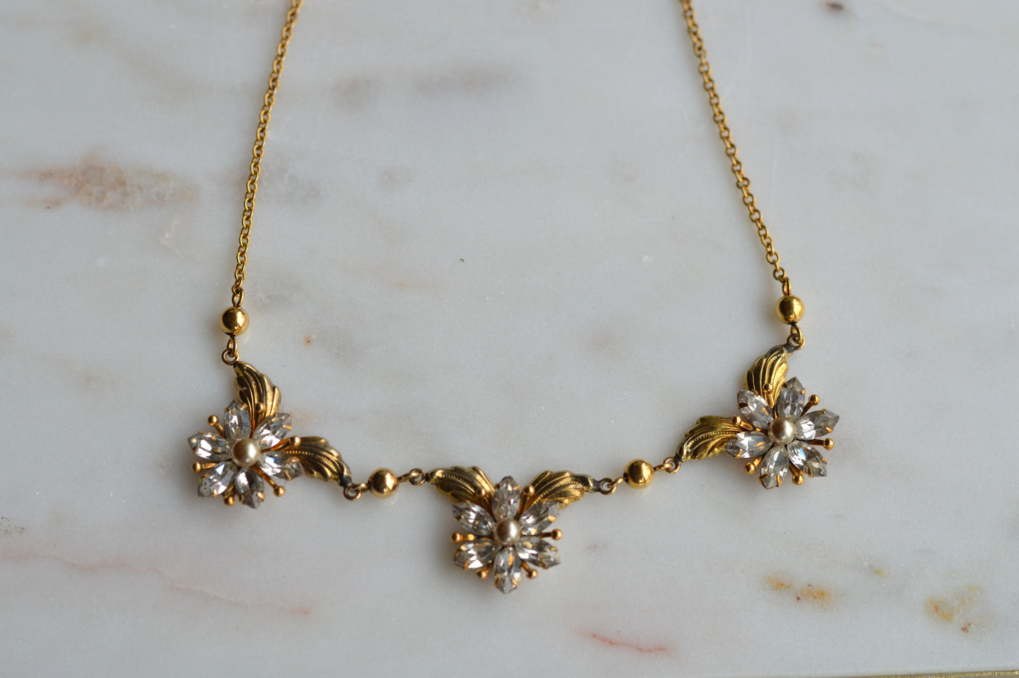 Vintage AMCO 10K Gold‑Filled Jewelry Set • Floral Rhinestone Necklace & Clip‑On Earrings • Sparkling Flower Set • 1960s–1970s GF Jewelry