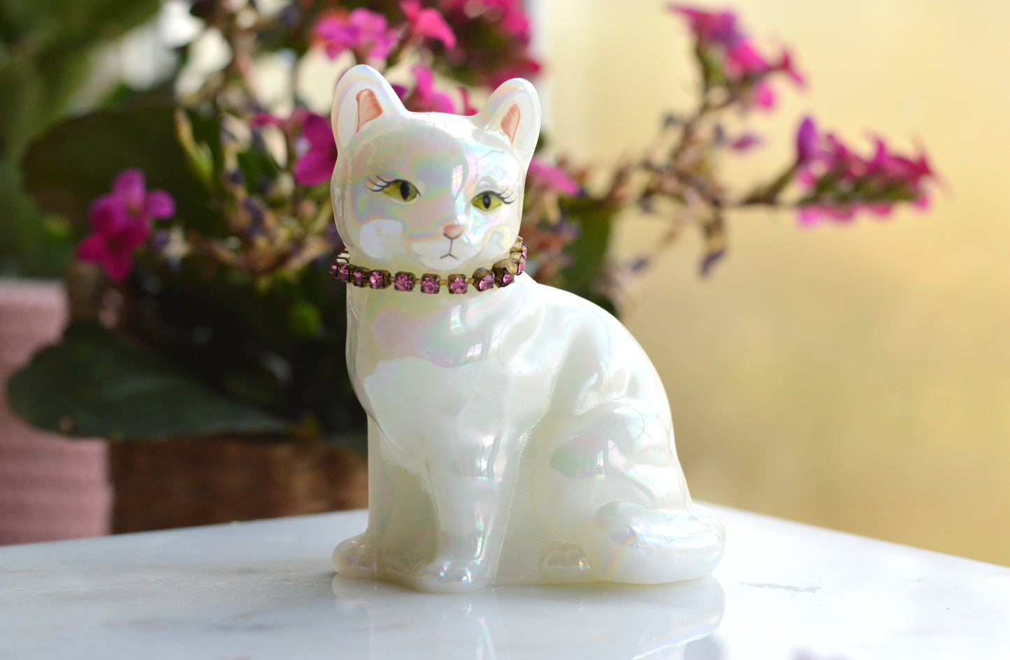 Signed Fenton Iridescent White Opal Satin Cat - Hand Painted by Terry Watson - Artist Signed Fenton Glass Kitty - Pink Rhinestone Collar - Vintage Art Glass
