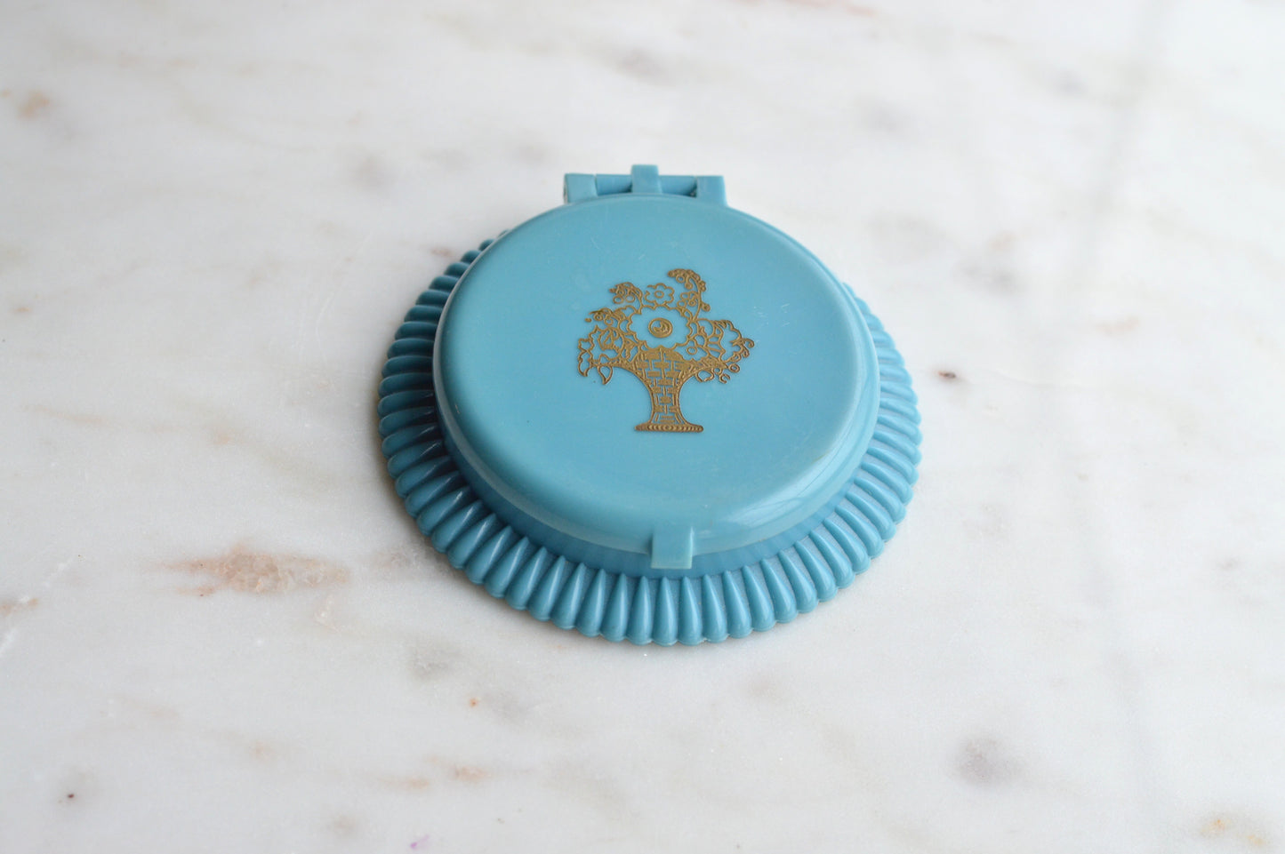 Vintage 1930s Cara Nome Single Loose Powder Compact, Langlois Boston Art Deco Blue Case CN 965, Gold Floral Basket Vanity Mirror, Rare 30s Cosmetic