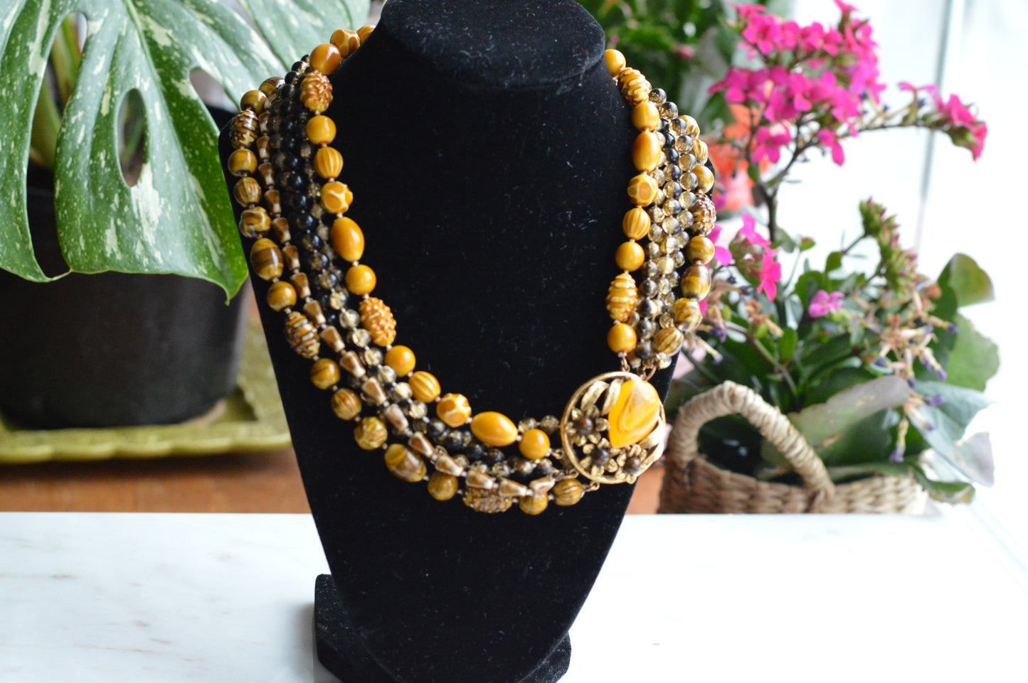Signed Selini Vintage 6-Strand Statement Necklace - Mid Century Chunky Beaded Jewelry - Butterscotch & Amber Tones