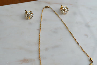 Vintage AMCO 10K Gold‑Filled Jewelry Set • Floral Rhinestone Necklace & Clip‑On Earrings • Sparkling Flower Set • 1960s–1970s GF Jewelry