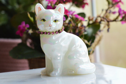 Signed Fenton Iridescent White Opal Satin Cat - Hand Painted by Terry Watson - Artist Signed Fenton Glass Kitty - Pink Rhinestone Collar - Vintage Art Glass