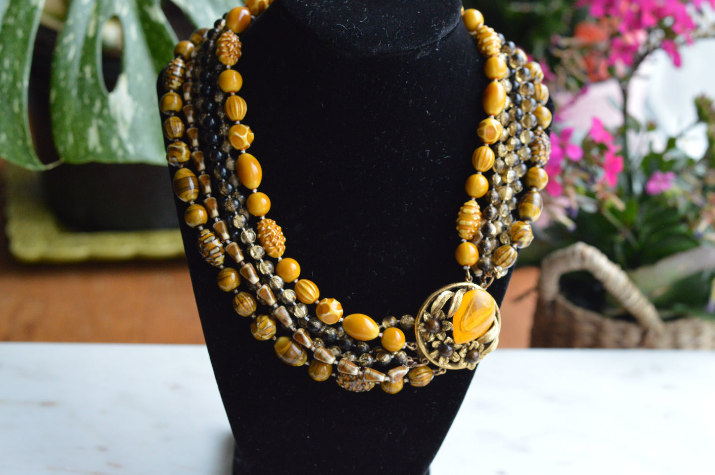 Signed Selini Vintage 6-Strand Statement Necklace - Mid Century Chunky Beaded Jewelry - Butterscotch & Amber Tones