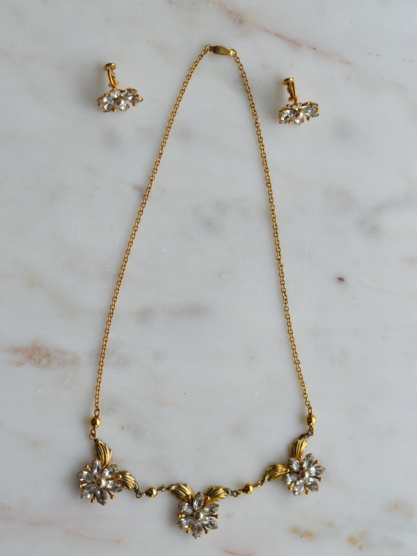 Vintage AMCO 10K Gold‑Filled Jewelry Set • Floral Rhinestone Necklace & Clip‑On Earrings • Sparkling Flower Set • 1960s–1970s GF Jewelry