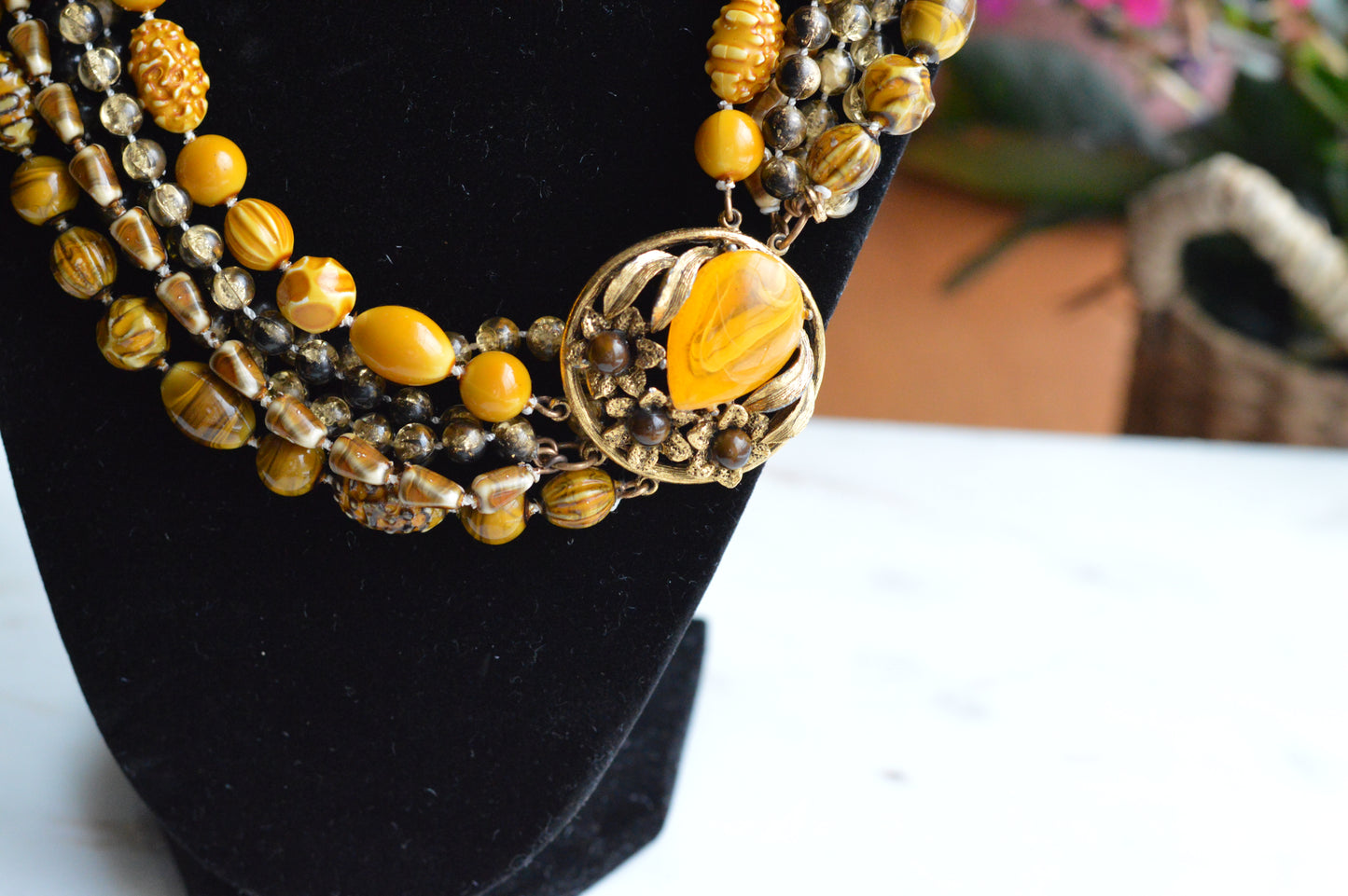 Signed Selini Vintage 6-Strand Statement Necklace - Mid Century Chunky Beaded Jewelry - Butterscotch & Amber Tones