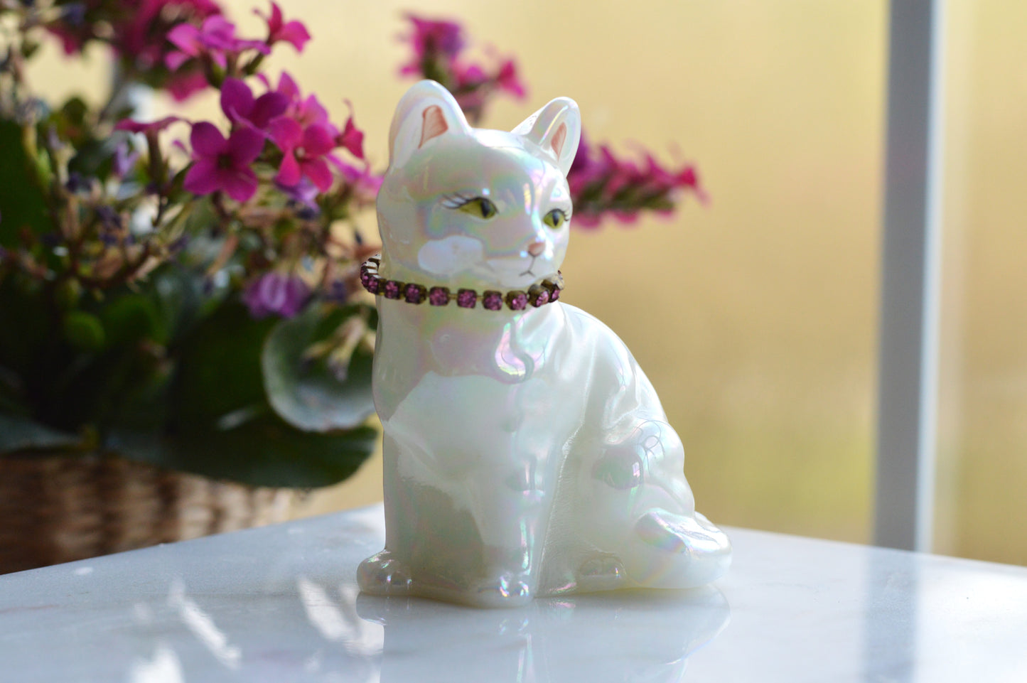 Signed Fenton Iridescent White Opal Satin Cat - Hand Painted by Terry Watson - Artist Signed Fenton Glass Kitty - Pink Rhinestone Collar - Vintage Art Glass