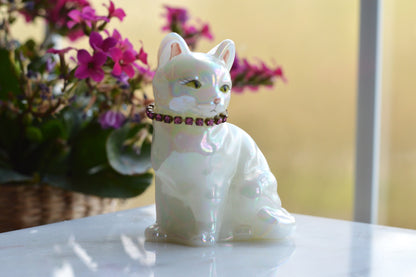 Signed Fenton Iridescent White Opal Satin Cat - Hand Painted by Terry Watson - Artist Signed Fenton Glass Kitty - Pink Rhinestone Collar - Vintage Art Glass