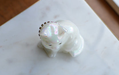 Signed Fenton Iridescent White Opal Satin Cat - Hand Painted by Terry Watson - Artist Signed Fenton Glass Kitty - Pink Rhinestone Collar - Vintage Art Glass