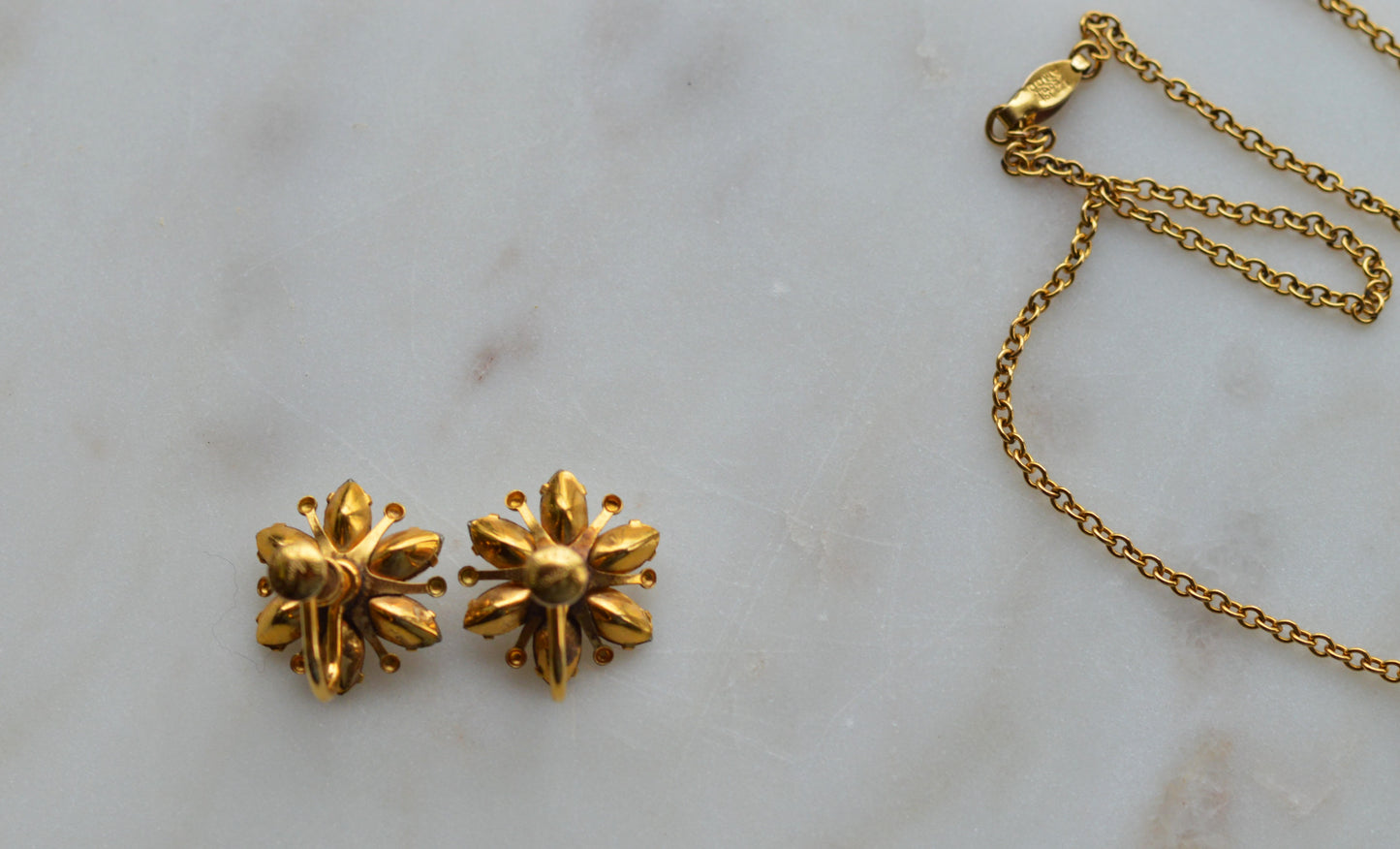 Vintage AMCO 10K Gold‑Filled Jewelry Set • Floral Rhinestone Necklace & Clip‑On Earrings • Sparkling Flower Set • 1960s–1970s GF Jewelry