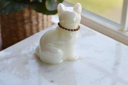 Signed Fenton Iridescent White Opal Satin Cat - Hand Painted by Terry Watson - Artist Signed Fenton Glass Kitty - Pink Rhinestone Collar - Vintage Art Glass