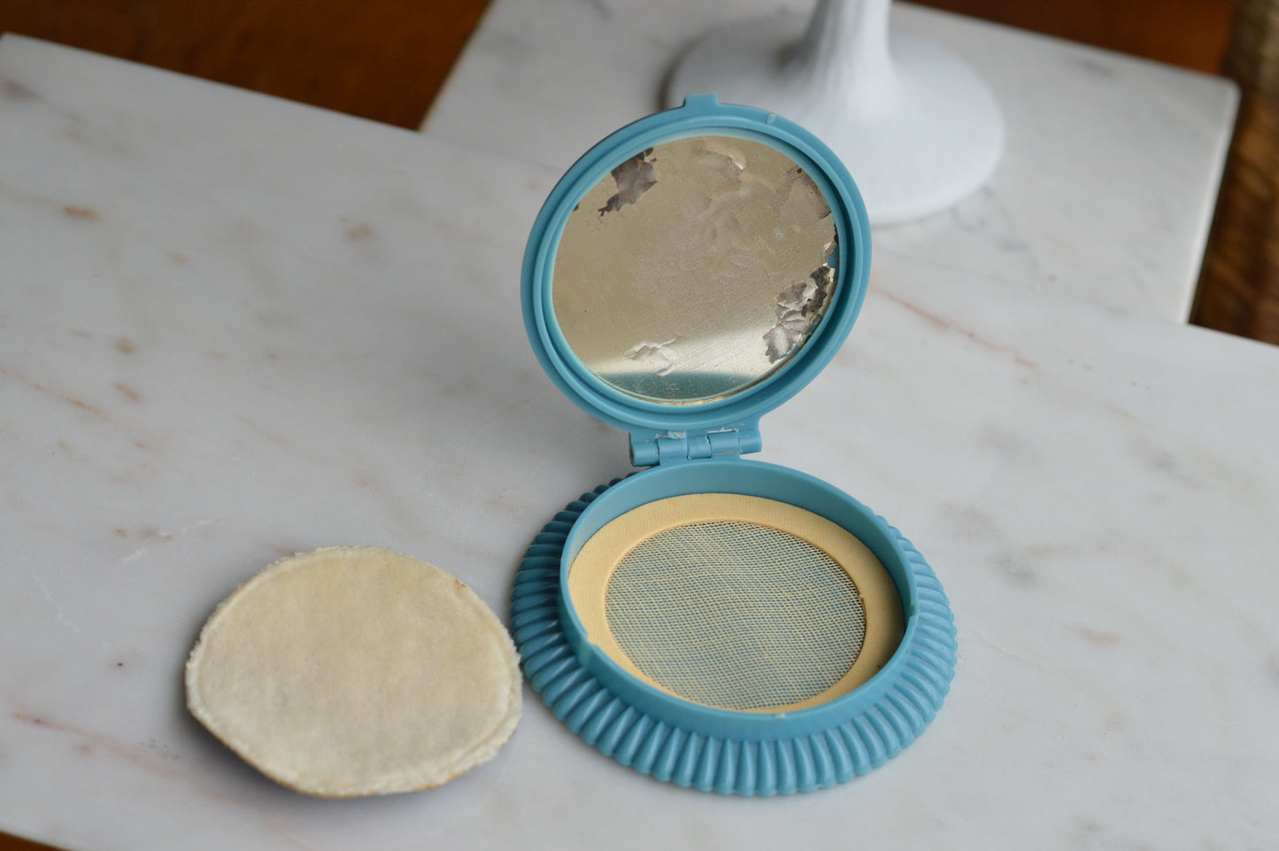 Vintage 1930s Cara Nome Single Loose Powder Compact, Langlois Boston Art Deco Blue Case CN 965, Gold Floral Basket Vanity Mirror, Rare 30s Cosmetic