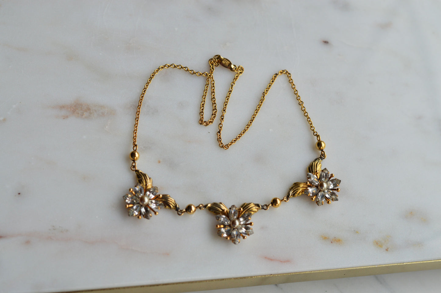 Vintage AMCO 10K Gold‑Filled Jewelry Set • Floral Rhinestone Necklace & Clip‑On Earrings • Sparkling Flower Set • 1960s–1970s GF Jewelry