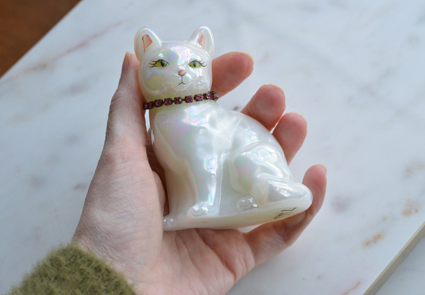 Signed Fenton Iridescent White Opal Satin Cat - Hand Painted by Terry Watson - Artist Signed Fenton Glass Kitty - Pink Rhinestone Collar - Vintage Art Glass