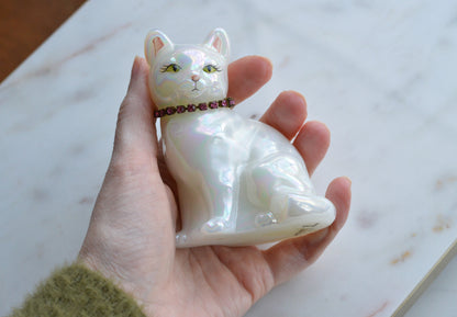 Signed Fenton Iridescent White Opal Satin Cat - Hand Painted by Terry Watson - Artist Signed Fenton Glass Kitty - Pink Rhinestone Collar - Vintage Art Glass