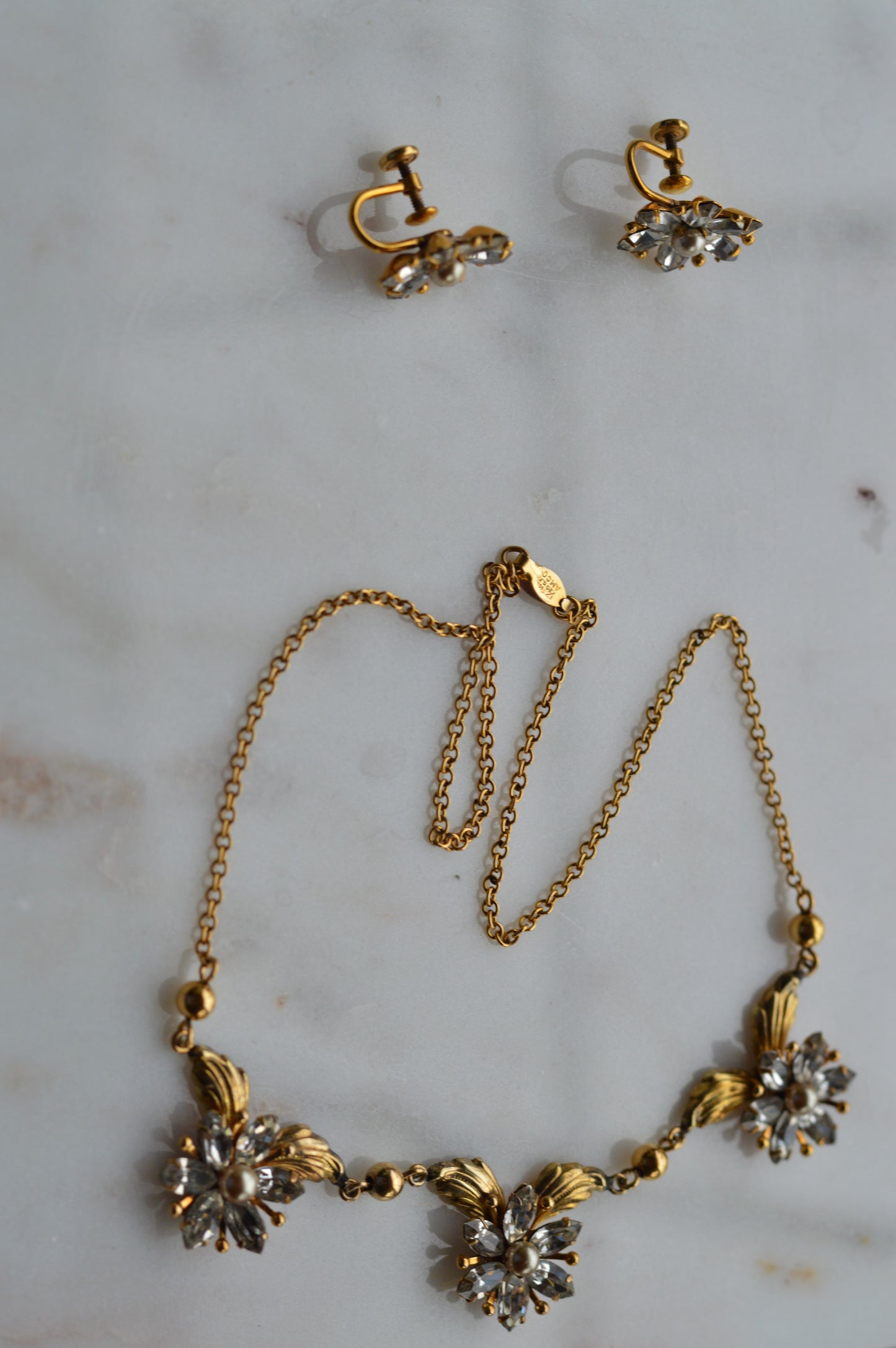 Vintage AMCO 10K Gold‑Filled Jewelry Set • Floral Rhinestone Necklace & Clip‑On Earrings • Sparkling Flower Set • 1960s–1970s GF Jewelry