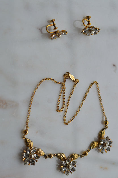Vintage AMCO 10K Gold‑Filled Jewelry Set • Floral Rhinestone Necklace & Clip‑On Earrings • Sparkling Flower Set • 1960s–1970s GF Jewelry