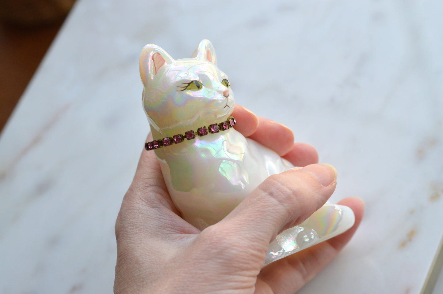 Signed Fenton Iridescent White Opal Satin Cat - Hand Painted by Terry Watson - Artist Signed Fenton Glass Kitty - Pink Rhinestone Collar - Vintage Art Glass