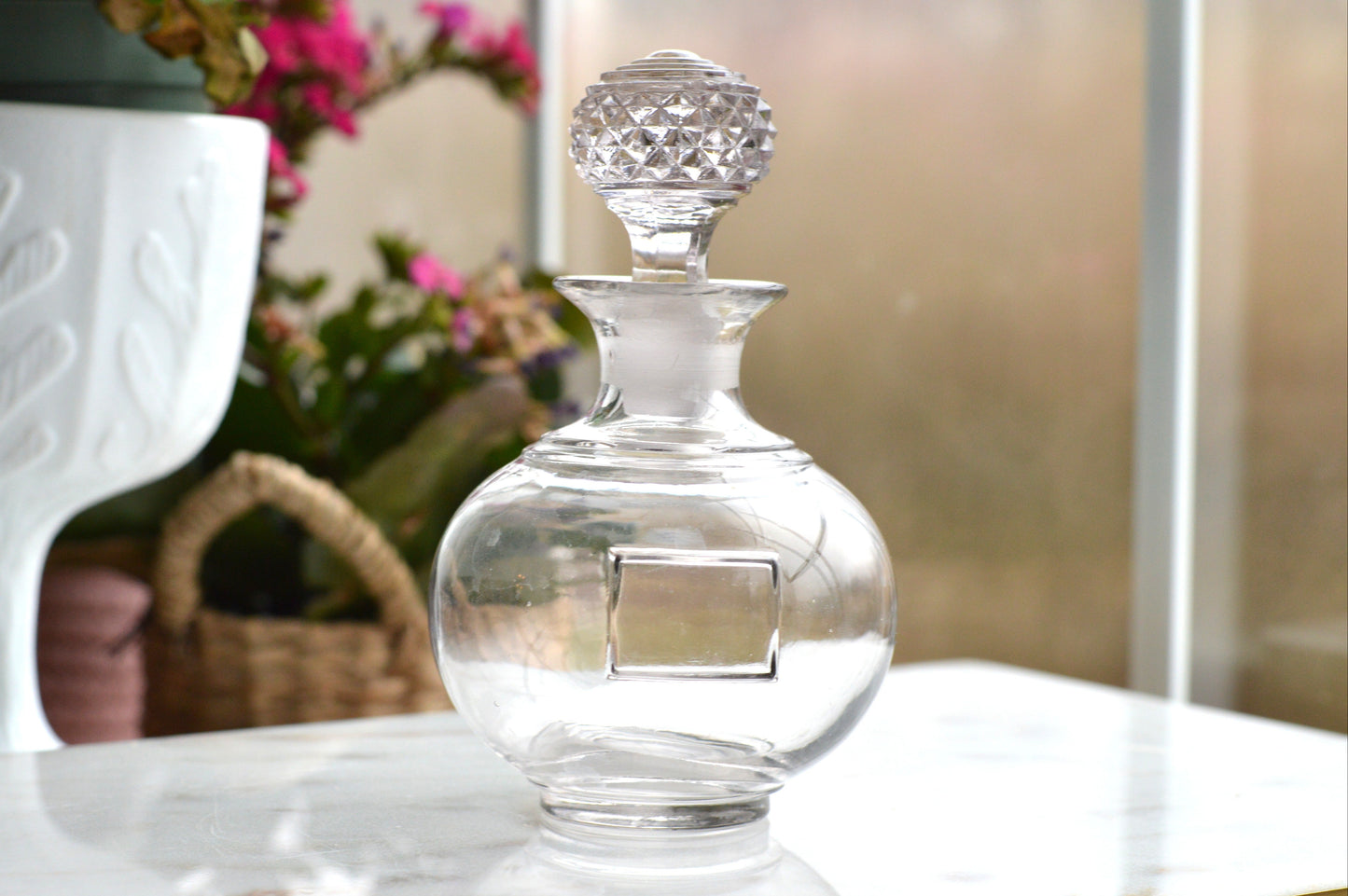 Vintage Clear Glass Globe Decanter, Mid-Century Modern Sphere Apothecary Bottle with Diamond Cut Faceted Stopper, Retro Perfume Bottle