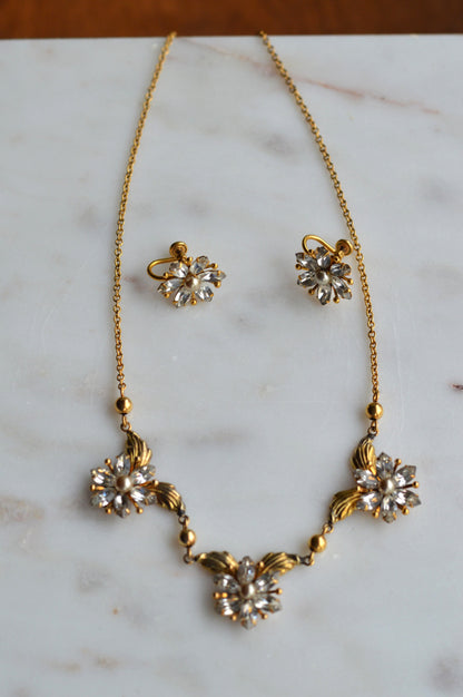 Vintage AMCO 10K Gold‑Filled Jewelry Set • Floral Rhinestone Necklace & Clip‑On Earrings • Sparkling Flower Set • 1960s–1970s GF Jewelry