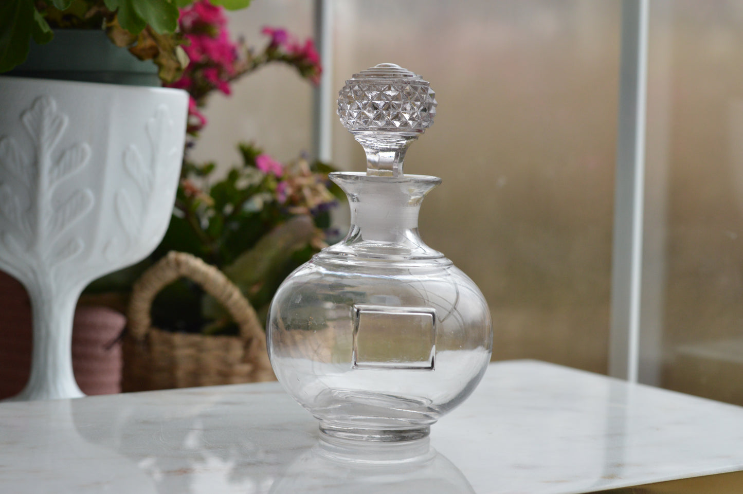 Vintage Clear Glass Globe Decanter, Mid-Century Modern Sphere Apothecary Bottle with Diamond Cut Faceted Stopper, Retro Perfume Bottle