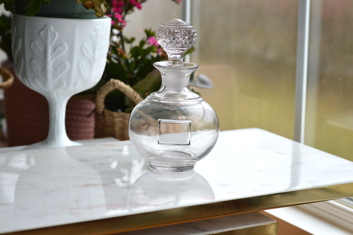 Vintage Clear Glass Globe Decanter, Mid-Century Modern Sphere Apothecary Bottle with Diamond Cut Faceted Stopper, Retro Perfume Bottle