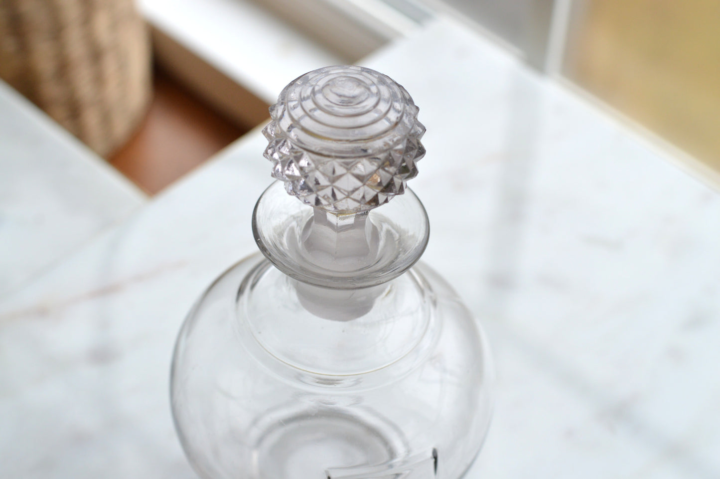 Vintage Clear Glass Globe Decanter, Mid-Century Modern Sphere Apothecary Bottle with Diamond Cut Faceted Stopper, Retro Perfume Bottle