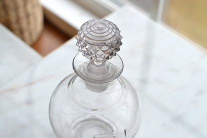Vintage Clear Glass Globe Decanter, Mid-Century Modern Sphere Apothecary Bottle with Diamond Cut Faceted Stopper, Retro Perfume Bottle