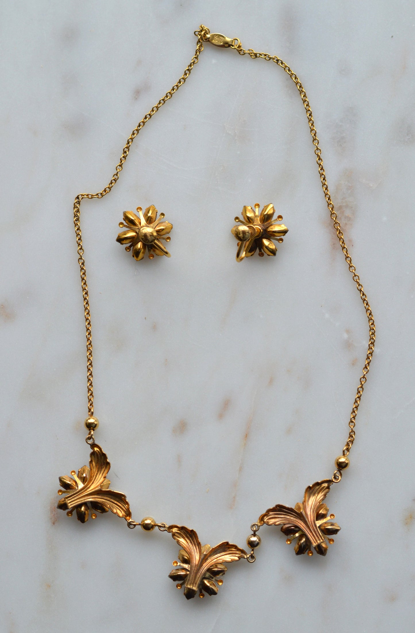 Vintage AMCO 10K Gold‑Filled Jewelry Set • Floral Rhinestone Necklace & Clip‑On Earrings • Sparkling Flower Set • 1960s–1970s GF Jewelry