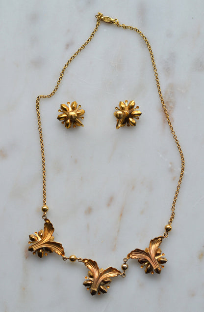 Vintage AMCO 10K Gold‑Filled Jewelry Set • Floral Rhinestone Necklace & Clip‑On Earrings • Sparkling Flower Set • 1960s–1970s GF Jewelry