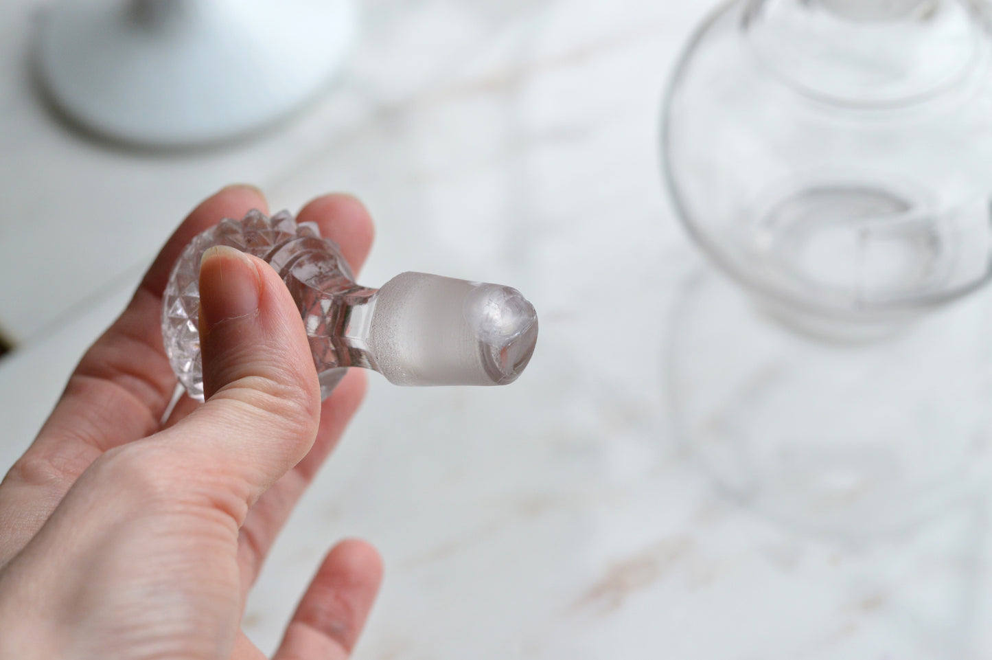 Vintage Clear Glass Globe Decanter, Mid-Century Modern Sphere Apothecary Bottle with Diamond Cut Faceted Stopper, Retro Perfume Bottle