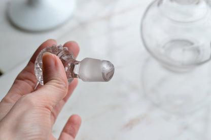 Vintage Clear Glass Globe Decanter, Mid-Century Modern Sphere Apothecary Bottle with Diamond Cut Faceted Stopper, Retro Perfume Bottle