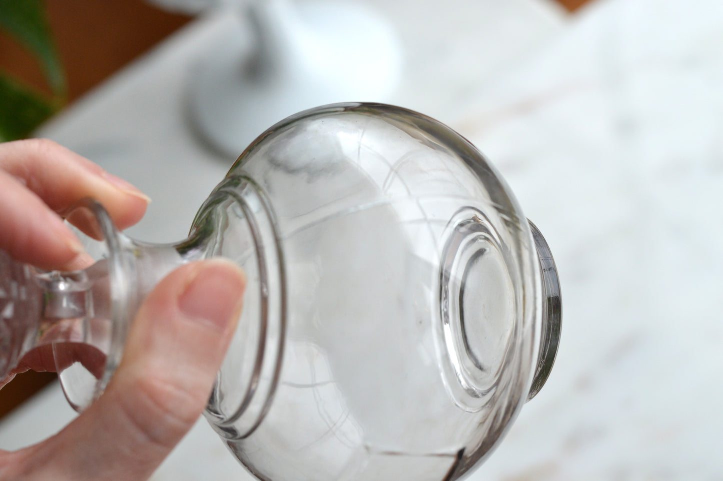 Vintage Clear Glass Globe Decanter, Mid-Century Modern Sphere Apothecary Bottle with Diamond Cut Faceted Stopper, Retro Perfume Bottle