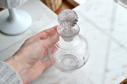 Vintage Clear Glass Globe Decanter, Mid-Century Modern Sphere Apothecary Bottle with Diamond Cut Faceted Stopper, Retro Perfume Bottle