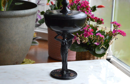 Rare 1930s Dermay Fifth Avenue NY Black Amethyst Glass Vanity Dish - Art Deco Nude Nymph Pedestal - Hand-Painted Enamel - Tiffin for Dermay