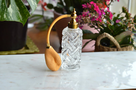 Vintage Herringbone Cut Crystal Perfume Atomizer - Mid Century Vanity Decor - MCM Glass - As Is