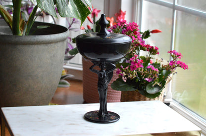 Rare 1930s Dermay Fifth Avenue NY Black Amethyst Glass Vanity Dish - Art Deco Nude Nymph Pedestal - Hand-Painted Enamel - Tiffin for Dermay