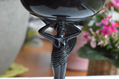 Rare 1930s Dermay Fifth Avenue NY Black Amethyst Glass Vanity Dish - Art Deco Nude Nymph Pedestal - Hand-Painted Enamel - Tiffin for Dermay