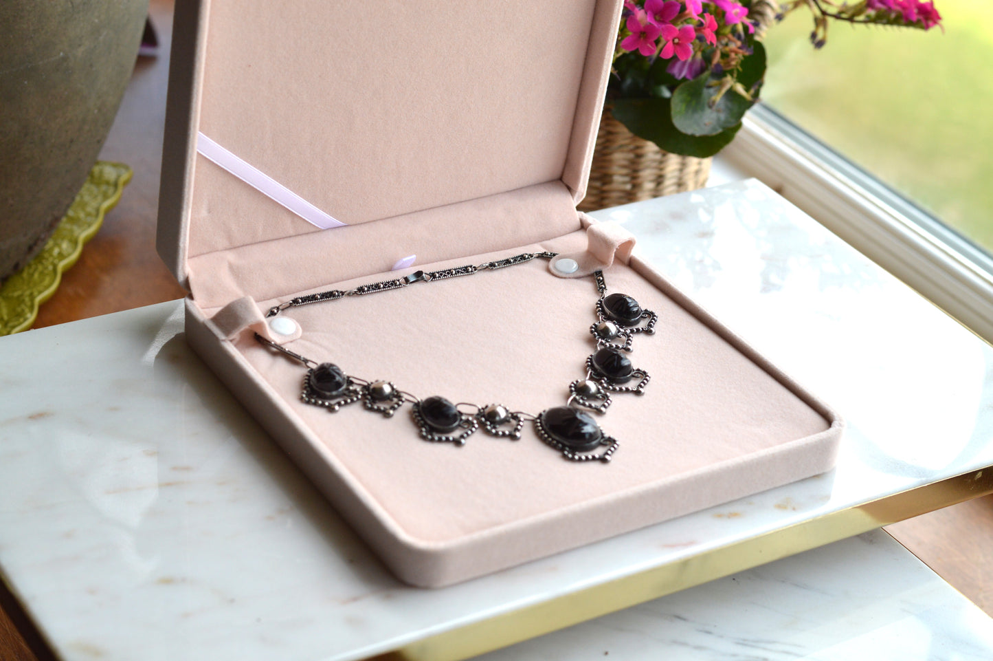 Vintage Mexican Sterling Silver Onyx Scarab Necklace - Signed JJG Co Mexico 925 - Egyptian Revival Festoon Fringe - Hand Carved Taxco Style Jewelry