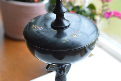 Rare 1930s Dermay Fifth Avenue NY Black Amethyst Glass Vanity Dish - Art Deco Nude Nymph Pedestal - Hand-Painted Enamel - Tiffin for Dermay