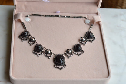 Vintage Mexican Sterling Silver Onyx Scarab Necklace - Signed JJG Co Mexico 925 - Egyptian Revival Festoon Fringe - Hand Carved Taxco Style Jewelry