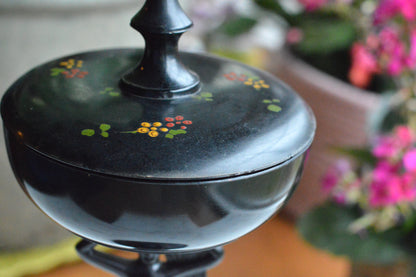 Rare 1930s Dermay Fifth Avenue NY Black Amethyst Glass Vanity Dish - Art Deco Nude Nymph Pedestal - Hand-Painted Enamel - Tiffin for Dermay